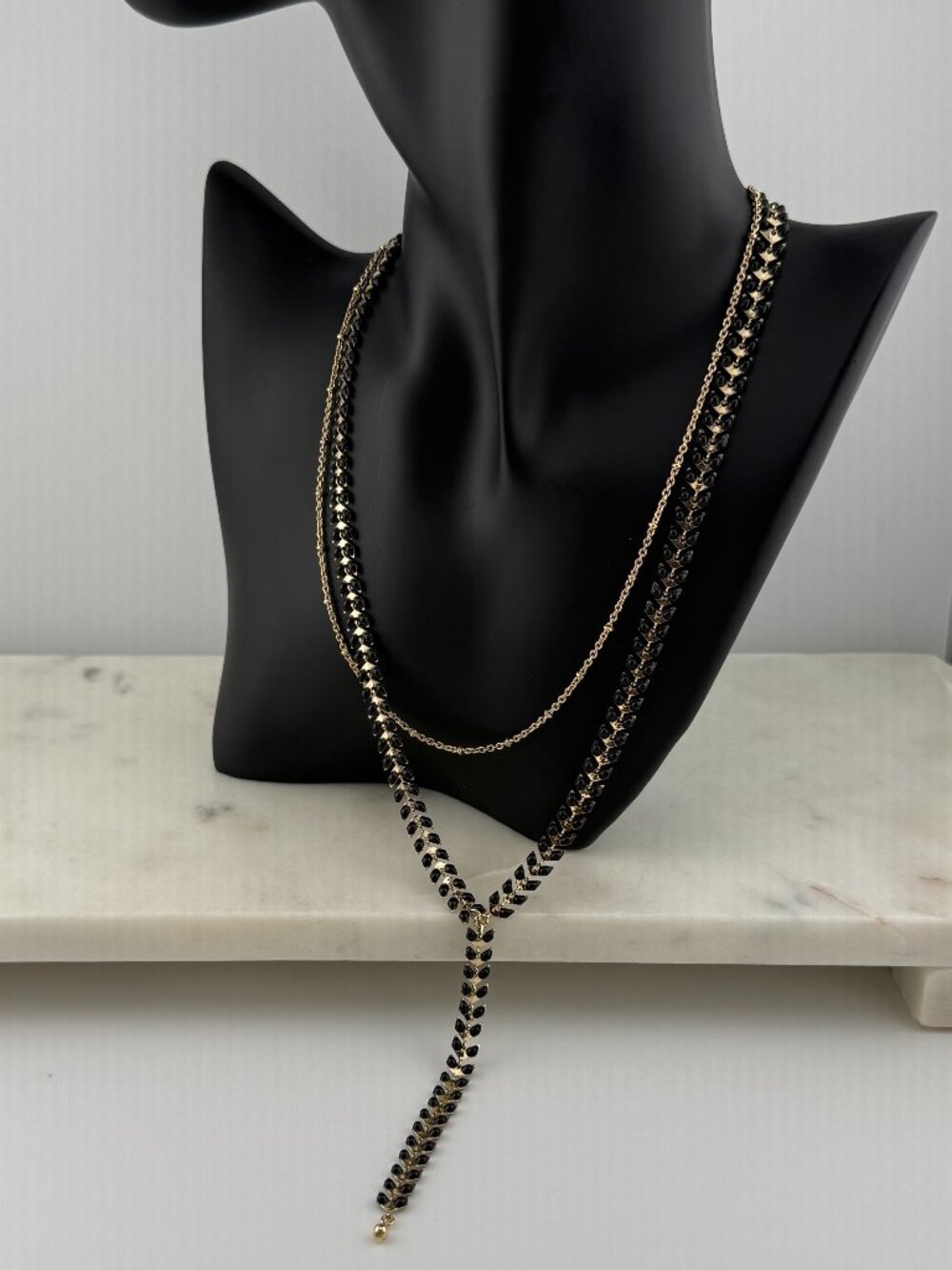 Banana Republic Black & Gold Long Layered Y-Style Necklace